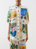 Ale Mais - Soleil Impressionist-print Oversized Silk Shirt - Womens - Ivory Multi