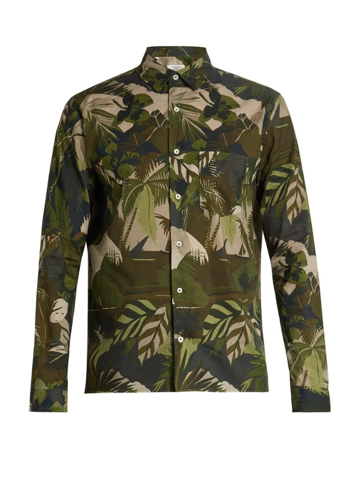Valentino Button-cuff Leaf-print Cotton Shirt