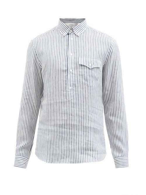 Brunello Cucinelli - Patch-pocket Striped Linen-cambric Henley Shirt - Mens - Blue White