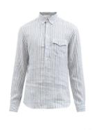 Brunello Cucinelli - Patch-pocket Striped Linen-cambric Henley Shirt - Mens - Blue White