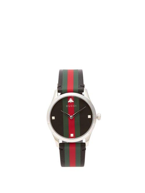 Matchesfashion.com Gucci - G Timeless Web Striped Leather Watch - Mens - Black Silver