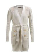 Matchesfashion.com Balmain - Destroyed Long Line Belted Cardigan - Womens - Ivory