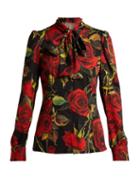 Matchesfashion.com Dolce & Gabbana - Rose Print Silk Charmeuse Blouse - Womens - Black Multi