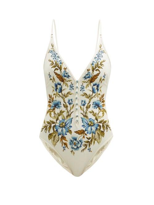 Ladies Beachwear Zimmermann - Aliane V-neck Floral-print Swimsuit - Womens - White Print
