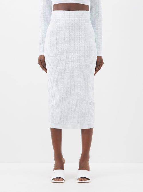 Balmain - High-rise Monogrammed Knitted Pencil Skirt - Womens - Pale Blue