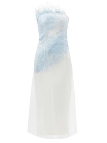 16arlington - Minelli Feather-trim Off-the-shoulder Mesh Dress - Womens - Blue White