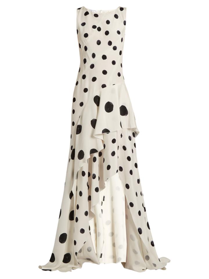 Oscar De La Renta Polka-dot Print Ruffled Silk Gown