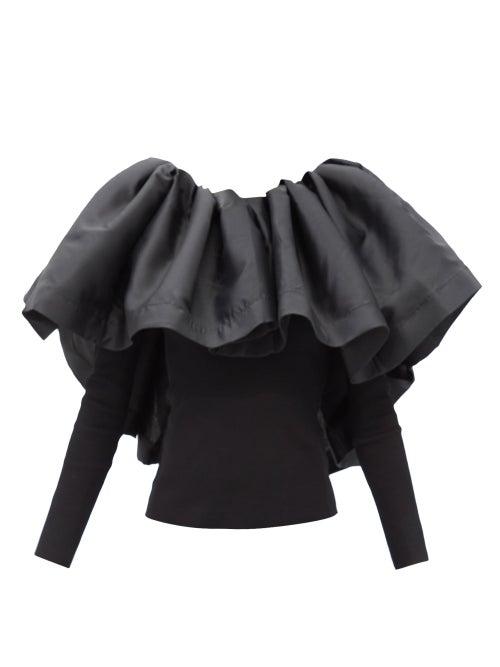 Marques'almeida - Pleated-cape Ribbed Organic-cotton Top - Womens - Black