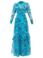 Matchesfashion.com Erdem - Horacia Embroidered-organza Gown - Womens - Blue Multi