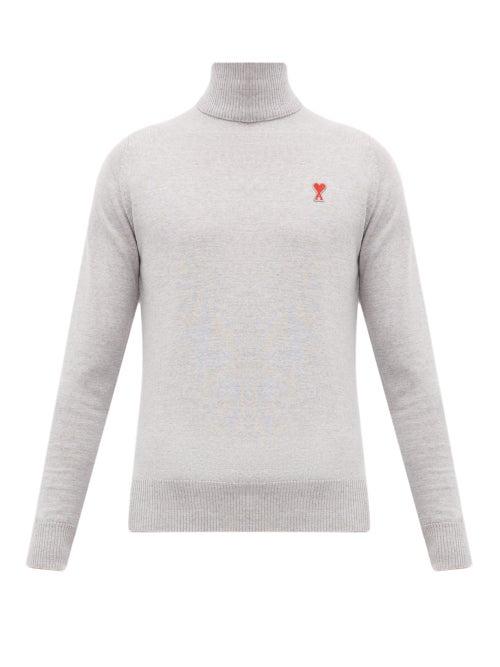 Matchesfashion.com Ami - Logo Embroidered Roll Neck Wool Sweater - Mens - Grey