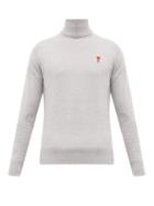 Matchesfashion.com Ami - Logo Embroidered Roll Neck Wool Sweater - Mens - Grey