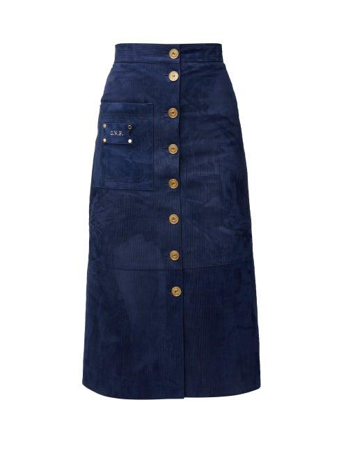 Matchesfashion.com Fendi - A-line Patch-pocket Suede Midi Skirt - Womens - Blue