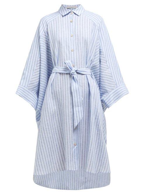 Matchesfashion.com Palmer//harding - Serra Striped Wide Sleeve Linen Shirtdress - Womens - Blue Stripe