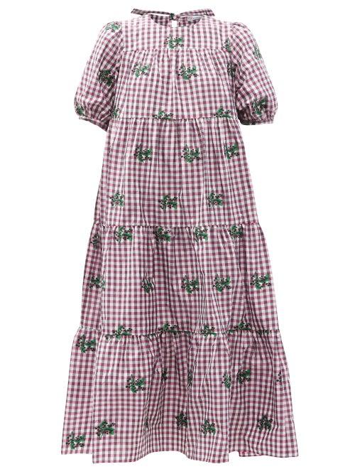 Matchesfashion.com Redvalentino - May Lily-embroidered Gingham Taffeta Dress - Womens - Burgundy