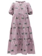 Matchesfashion.com Redvalentino - May Lily-embroidered Gingham Taffeta Dress - Womens - Burgundy