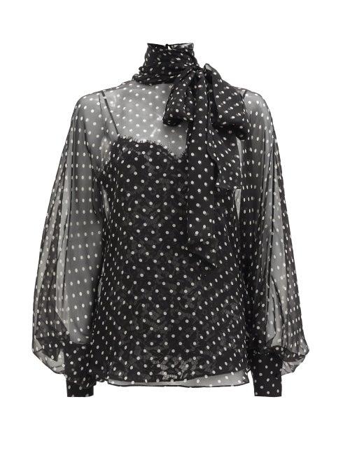 Matchesfashion.com Valentino - Polka-dot Pussy-bow Georgette Blouse - Womens - Black White