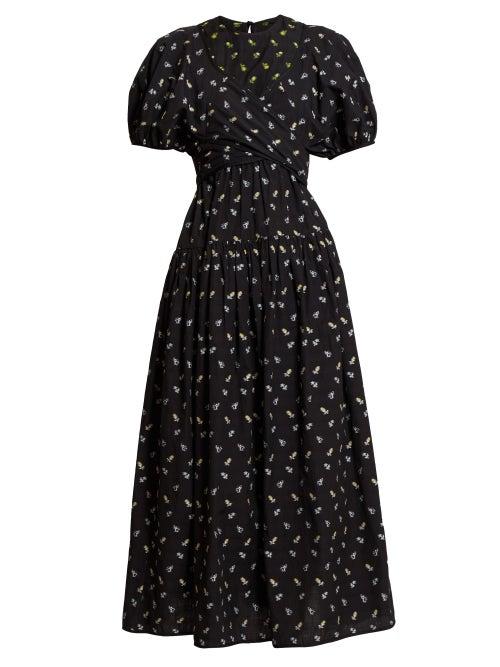Matchesfashion.com Cecilie Bahnsen - Anna Wrap Bodice Floral Print Cotton Midi Dress - Womens - Black Blue