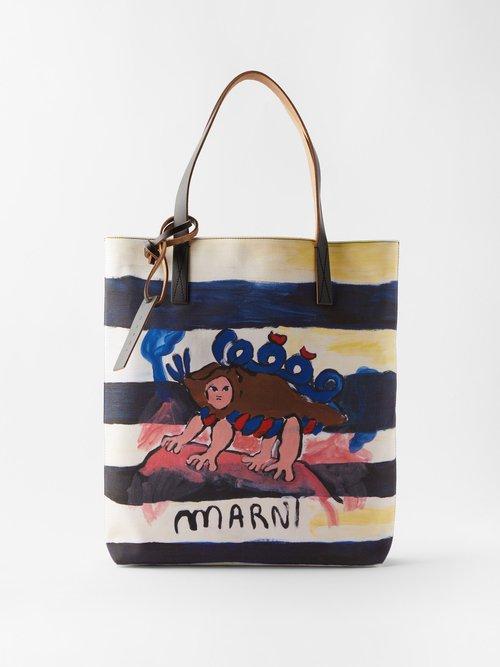 Marni - Logo-print Cotton-canvas Tote Bag - Womens - Navy Stripe