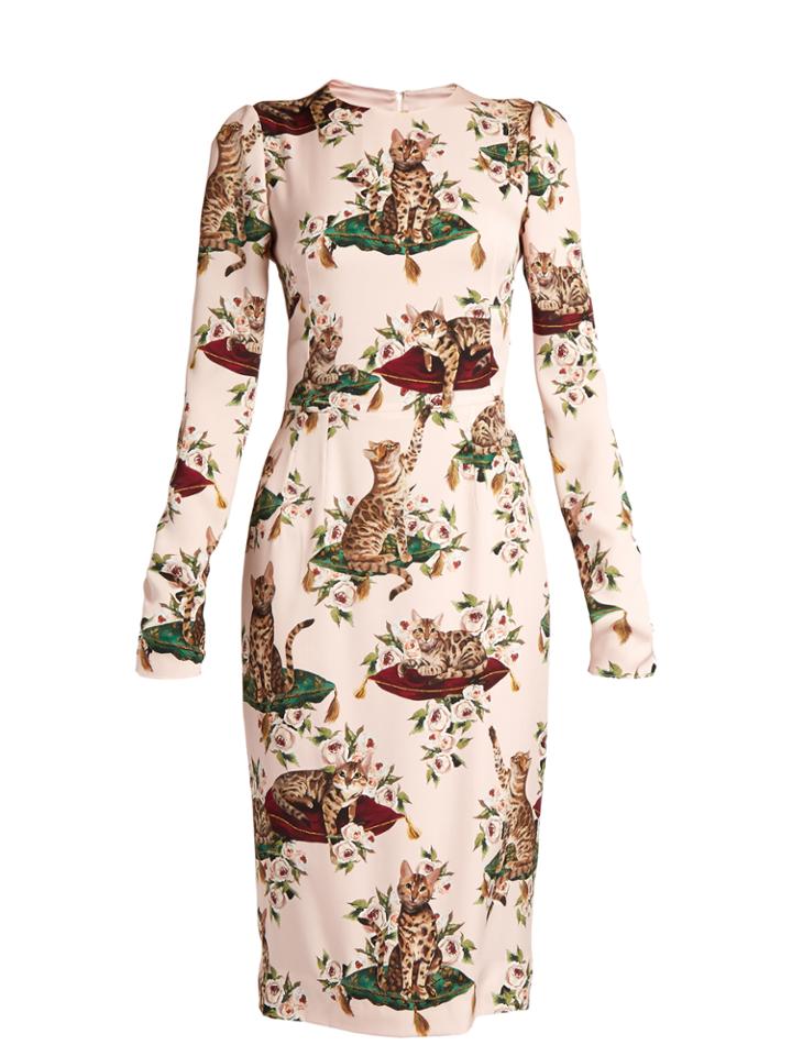 Dolce & Gabbana Cat-print Long-sleeved Cady Dress