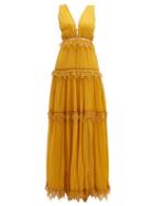 Matchesfashion.com Jonathan Simkhai - Lace Trimmed Tiered Silk Maxi Dress - Womens - Dark Yellow