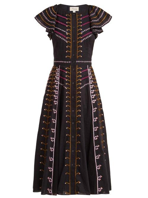Matchesfashion.com Temperley London - Expedition Embroidered Cotton Ruffle Midi Dress - Womens - Navy Multi