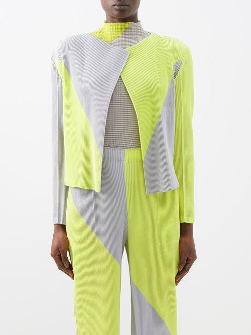 Issey Miyake - Colour-block Technical-pleated Cardigan - Womens - Yellow Grey