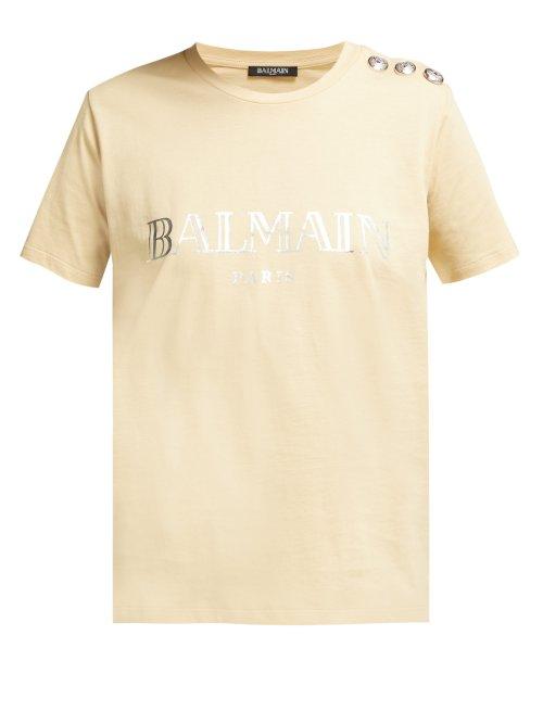 Matchesfashion.com Balmain - Metallic Logo Print T Shirt - Womens - Beige
