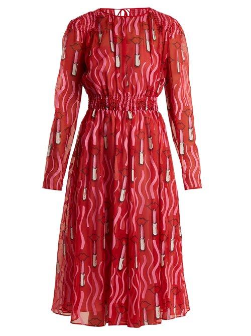 Matchesfashion.com Valentino - Lipstick Print Silk Georgette Dress - Womens - Red Print