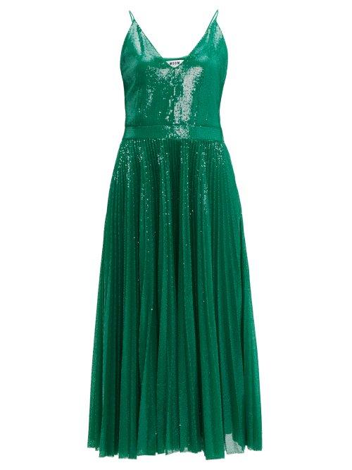 Matchesfashion.com Msgm - Pleated Sequinned Dress - Womens - Green