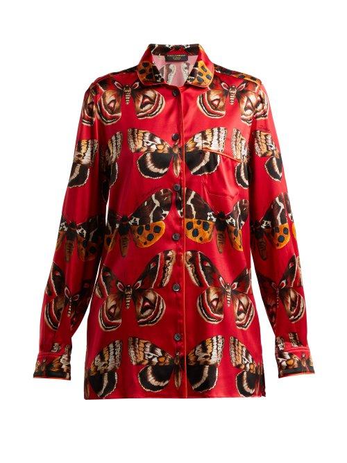 Matchesfashion.com Dolce & Gabbana - Butterfly Print Satin Pyjama Shirt - Womens - Red Print