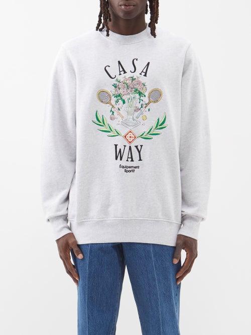 Casablanca - Casa Way Tennis-embroidered Cotton Sweatshirt - Mens - Grey Multi