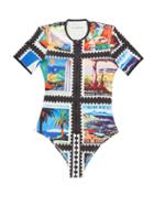 Matchesfashion.com Mary Mare - Lago Di Garda Zipped Postage Stamp-print Swimsuit - Womens - Black Print