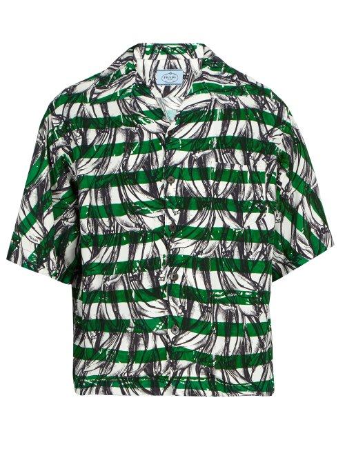 Matchesfashion.com Prada - Banana Print Striped Short Sleeved Shirt - Mens - Green Multi