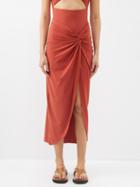 Sara Cristina - Wave Side-slit Knotted Jersey Skirt - Womens - Brown