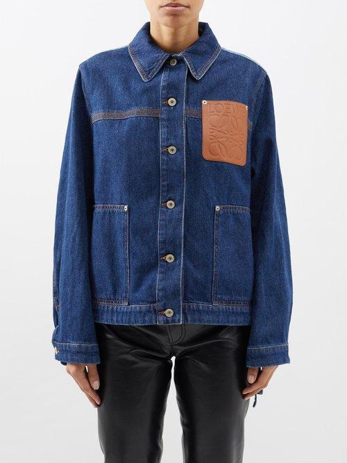 Loewe - Anagram-patch Leather And Denim Jacket - Womens - Indigo