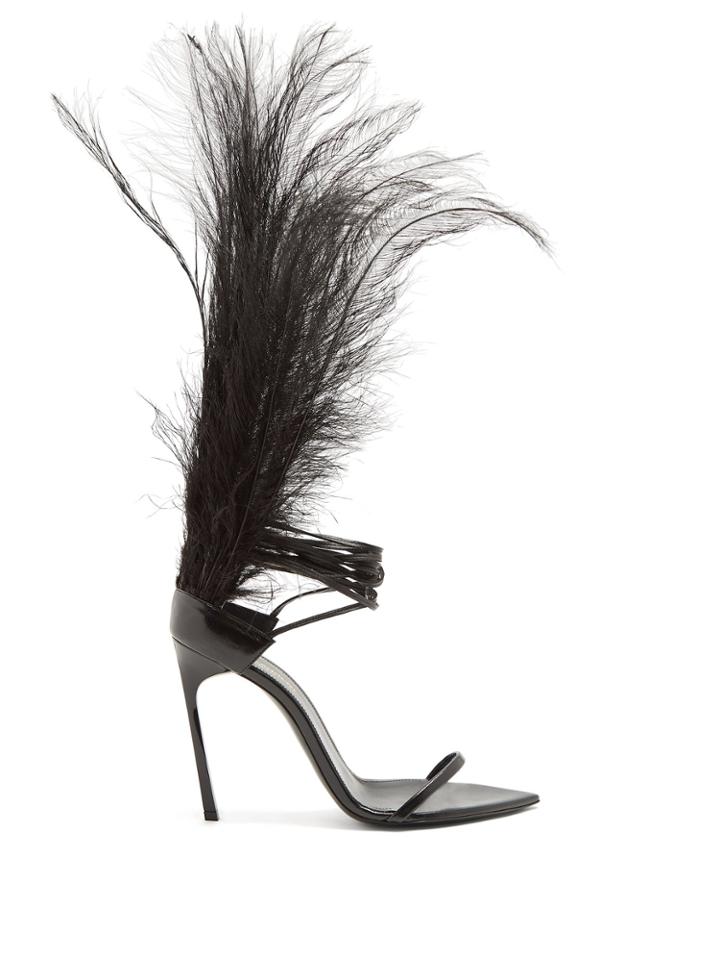 Saint Laurent Iris Ostrich Feather-trimmed Stiletto Sandals