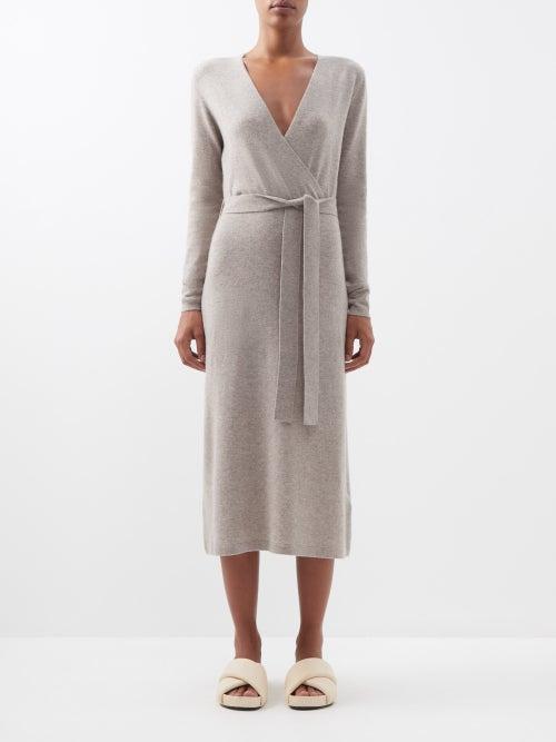 Allude - V-neck Wool-blend Midi Wrap Dress - Womens - Dark Beige
