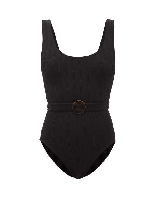 Hunza G - Solitaire Belted Ribbed-jersey Swimsuit - Womens - Black