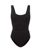Hunza G - Solitaire Belted Ribbed-jersey Swimsuit - Womens - Black