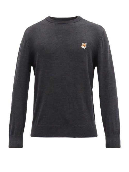 Matchesfashion.com Maison Kitsun - Fox Head-appliqu Wool Sweater - Mens - Grey