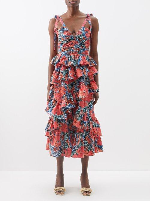Ulla Johnson - Candace Ruffled Printed-cotton Midi Dress - Womens - Red Multi