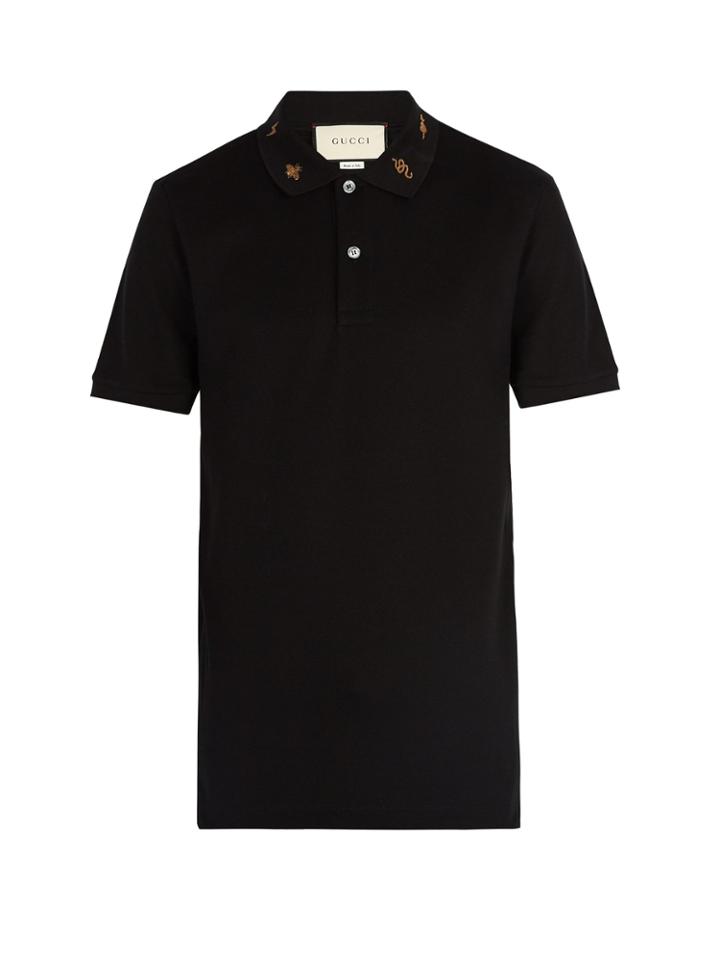 Gucci Embroidered-collar Stretch-cotton Polo Shirt