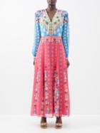 Saloni - Annabel Floral-print Silk Midi Dress - Womens - Blue Pink