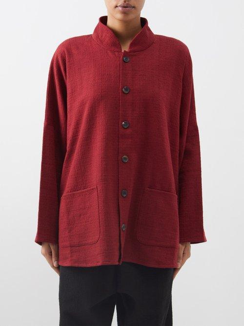 Eskandar - Stand Collar Basketweave-cotton A-line Jacket - Womens - Red
