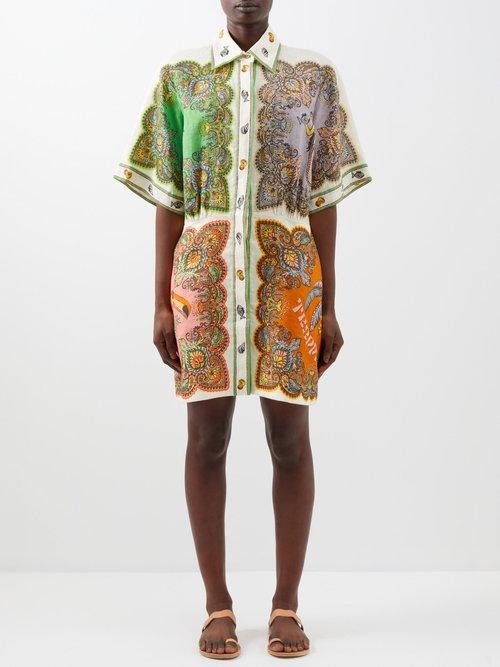 Ale Mais - Trippy Troppo Printed Linen Shirt Dress - Womens - Multi