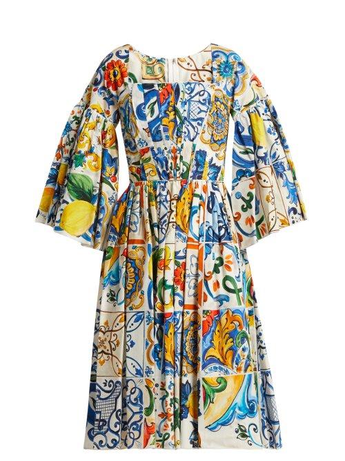 Matchesfashion.com Dolce & Gabbana - Majolica Print Square Neck Cotton Poplin Dress - Womens - White Print