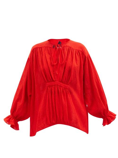Les Vacances D'irina - Hazy Nipple Gathered Sheer Cotton-voile Shirt - Womens - Red