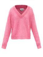 Ganni - Ribbed V-neck Mohair Sweater - Womens - Pink