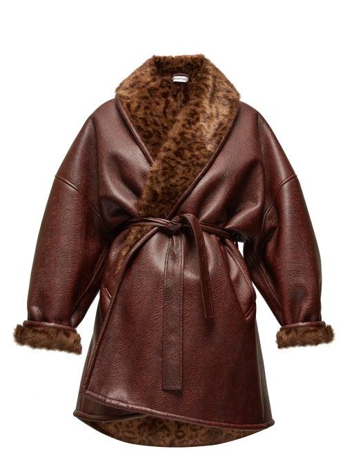 Matchesfashion.com Balenciaga - Faux Fur And Faux Leather Wrap Coat - Womens - Burgundy