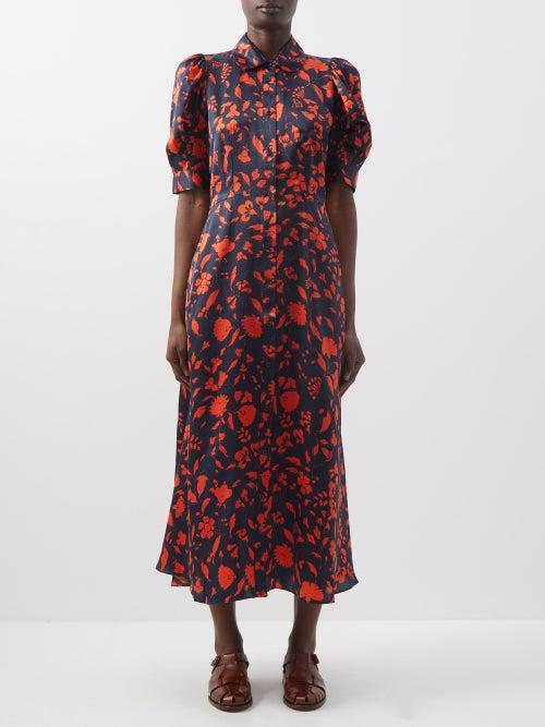 Lee Mathews - Bella Floral-print Silk Midi Dress - Womens - Red